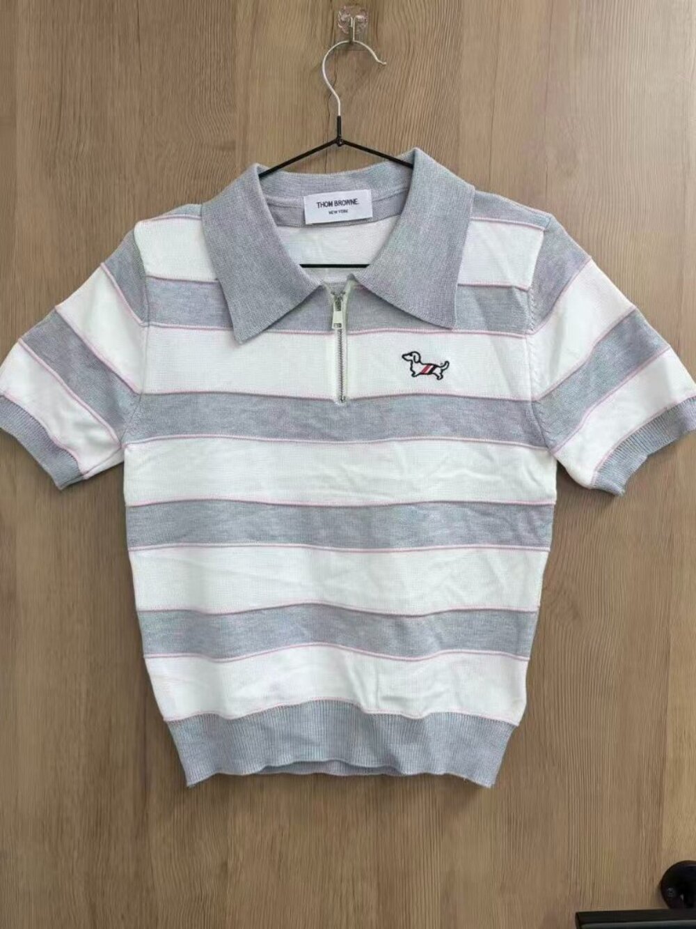 🤍Thom Browne Grey White Pink Stripe Half Zip Polo Dog Knit Top